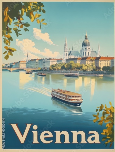 This mid-century modern travel poster showcases Viennas stunning architecture along the river. A boat glides through calm waters under a bright sky, inviting exploration.