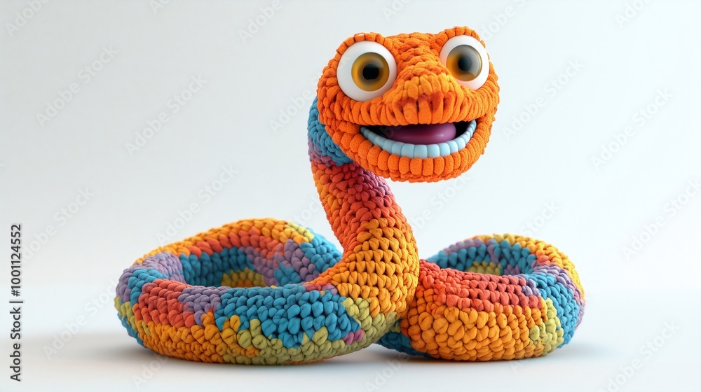 Fototapeta premium Hobbie. Cute Plush Green snake toy, knitted texture, children's room decor, unique gift idea, nursery decoration, soft toy, colorful stuffed animal. Poster, sticker.