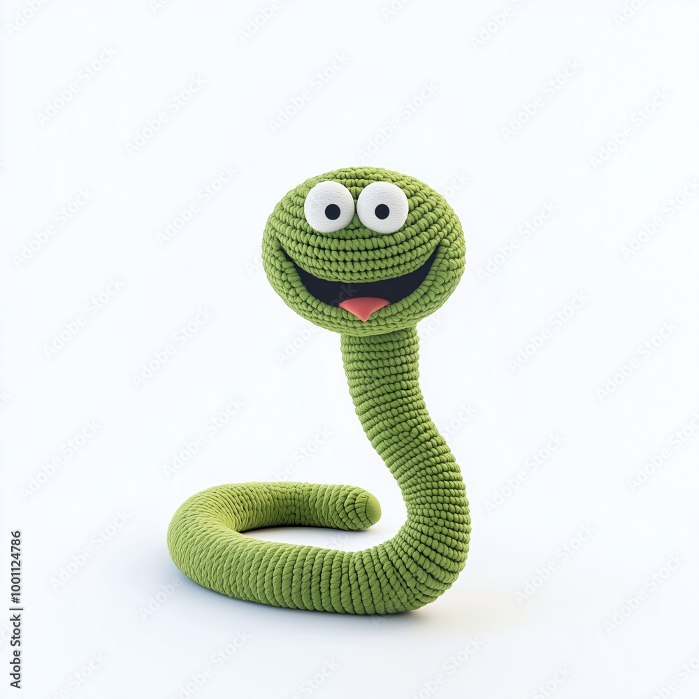 Fototapeta premium Hobbie. Cute Plush Green snake toy, knitted texture, children's room decor, unique gift idea, nursery decoration, soft toy, colorful stuffed animal. Poster, sticker.