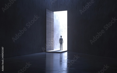 silhouette figure in dark room with bright doorway