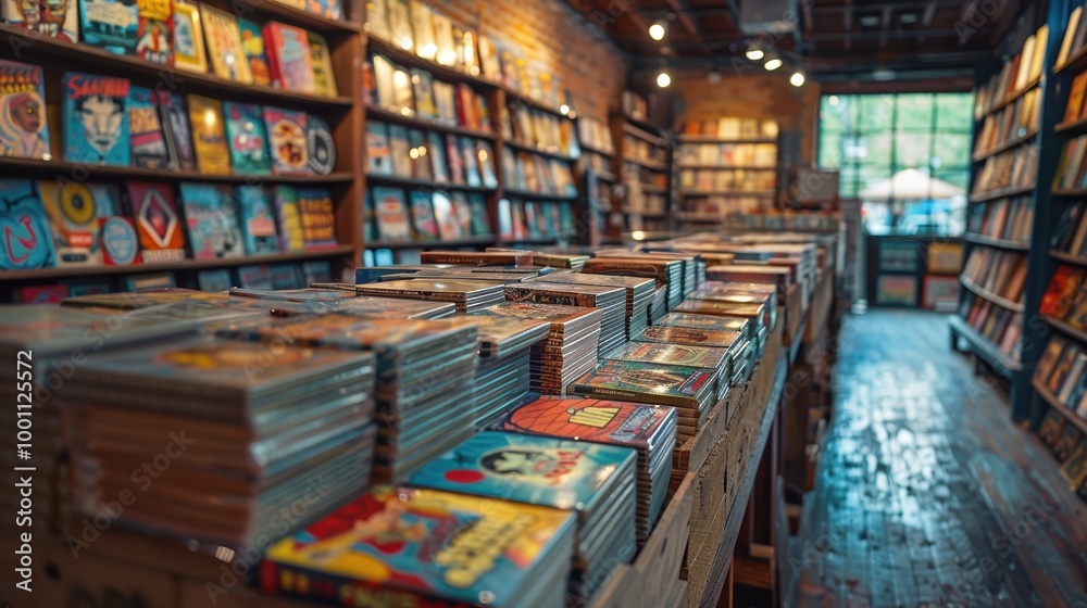 A vibrant, well-organized comic book store with shelves full of colorful comics and graphic novels, featuring a cozy and inviting atmosphere A vibrant, well-organized comic book store with shelves full of colorful comics and graphic novels, featuring a cozy and inviting atmosphere