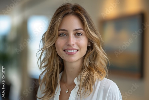 A young woman with wavy blonde hair and a white blouse smiling warmly and standing in a well-lit room with blurred background