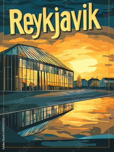 This striking mid-century modern travel poster highlights Reykjaviks unique architecture, set against a colorful sunset reflecting on calm waters, inviting exploration of Icelands capital. photo