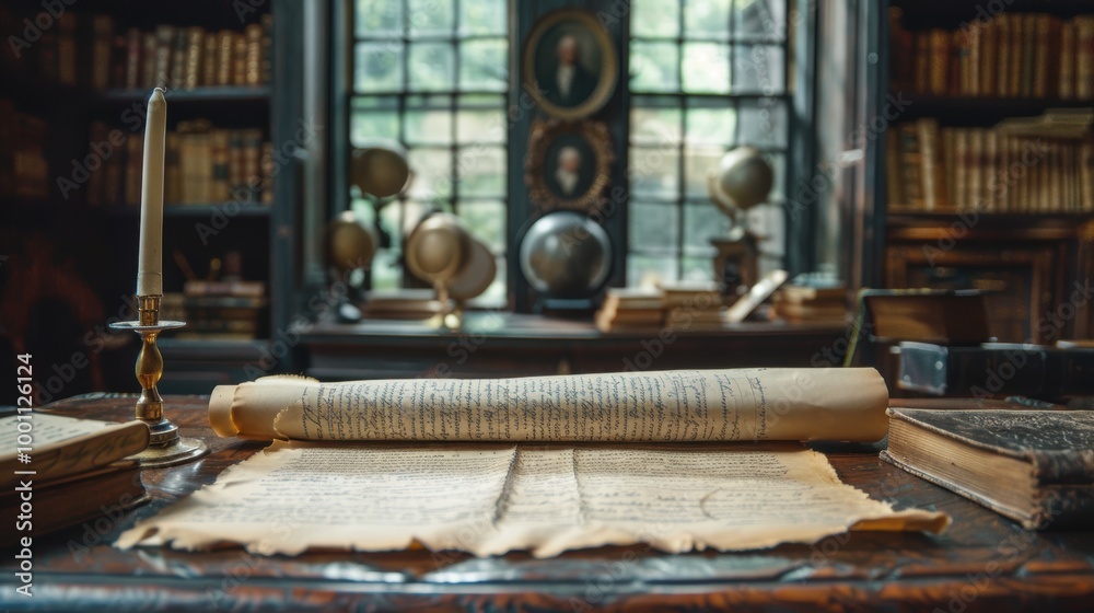 A beautifully detailed image of an old, antique library room with vintage globes, ancient scrolls, and a candle holder on a wooden desk A beautifully detailed image of an old, antique library room with vintage globes, ancient scrolls, and a candle holder on a wooden desk