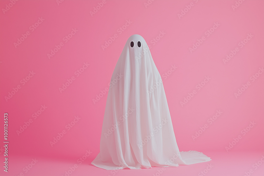 White ghost sheet costume against pastel pink background. Minimal Halloween scary concept. White ghost sheet costume against pastel pink background. Minimal Halloween scary concept.