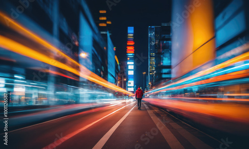 A lone figure walks down a city street at night, surrounded by a blur of traffic lights and passing cars