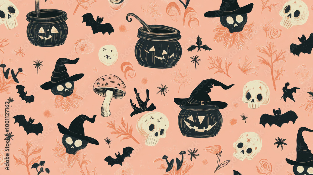 Fototapeta premium A fun Halloween pattern with a pink background. It has cute witches' hats, cauldrons, mushrooms, bats, and skulls. Perfect for kids!