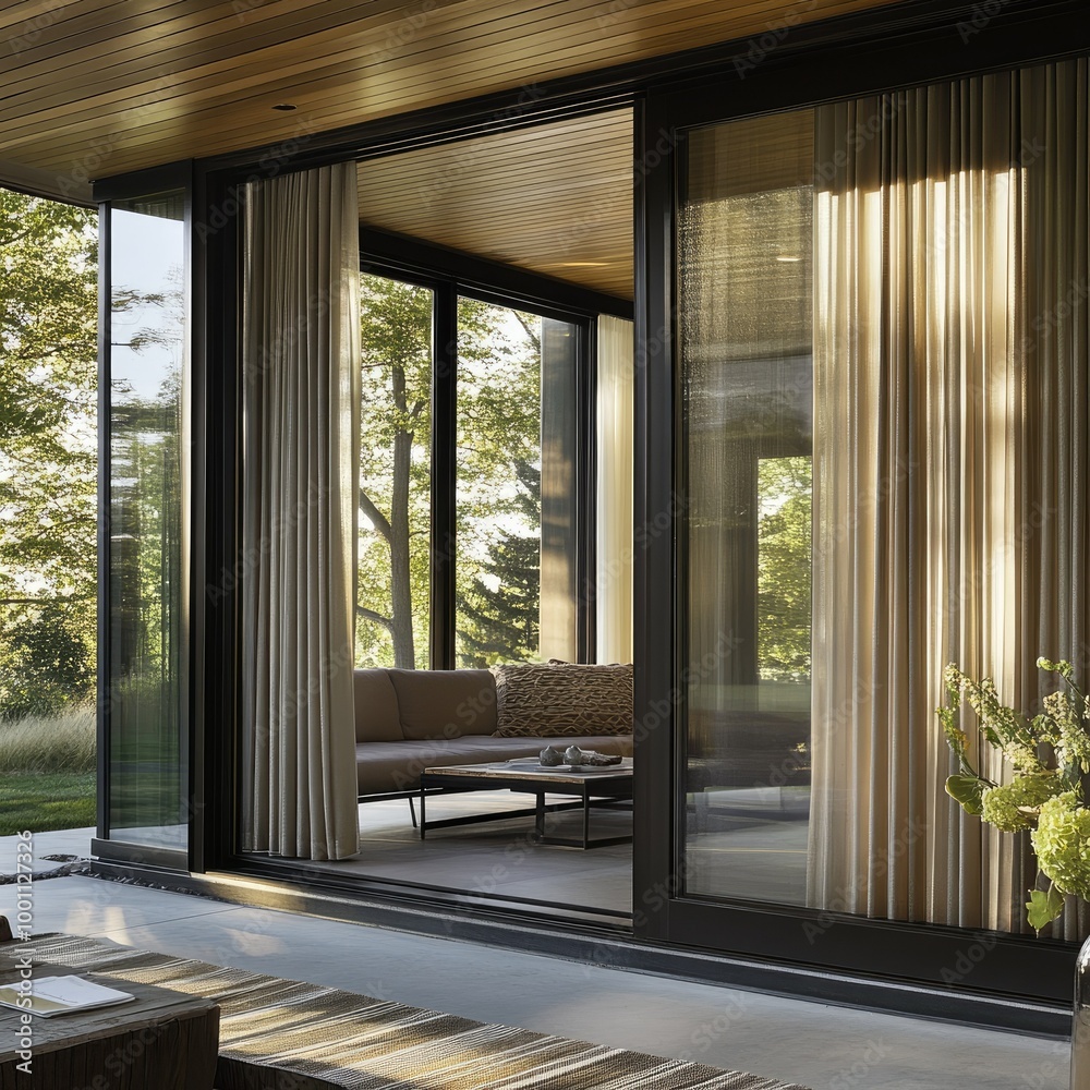 Obraz premium A patio door with sliding curtains that invite natural light while providing privacy, creating a seamless indoor-outdoor connection.