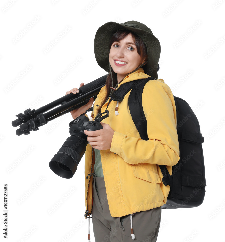 Photographer with backpack, camera and other professional equipment on white background Photographer with backpack, camera and other professional equipment on white background
