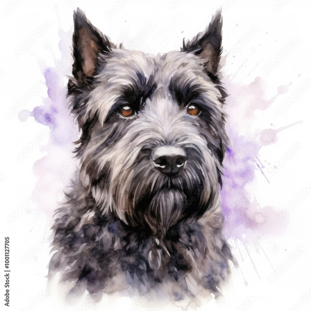Watercolor painting of bouvier des flandres with white background