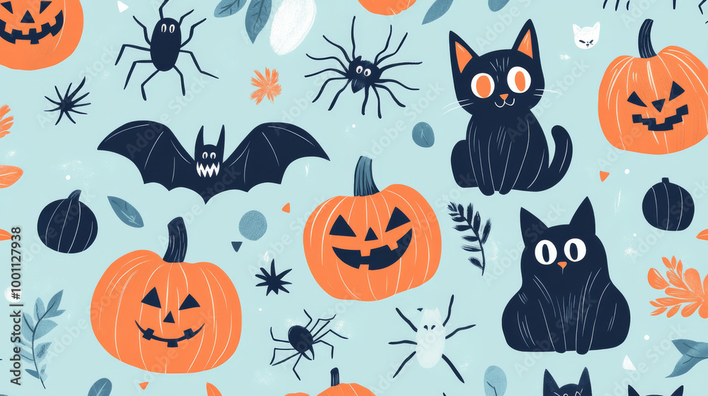 A fun Halloween pattern with pumpkins, cats, witches, bats, and spiders. This cute design is perfect for spooky wallpaper or fabric. A fun Halloween pattern with pumpkins, cats, witches, bats, and spiders. This cute design is perfect for spooky wallpaper or fabric.