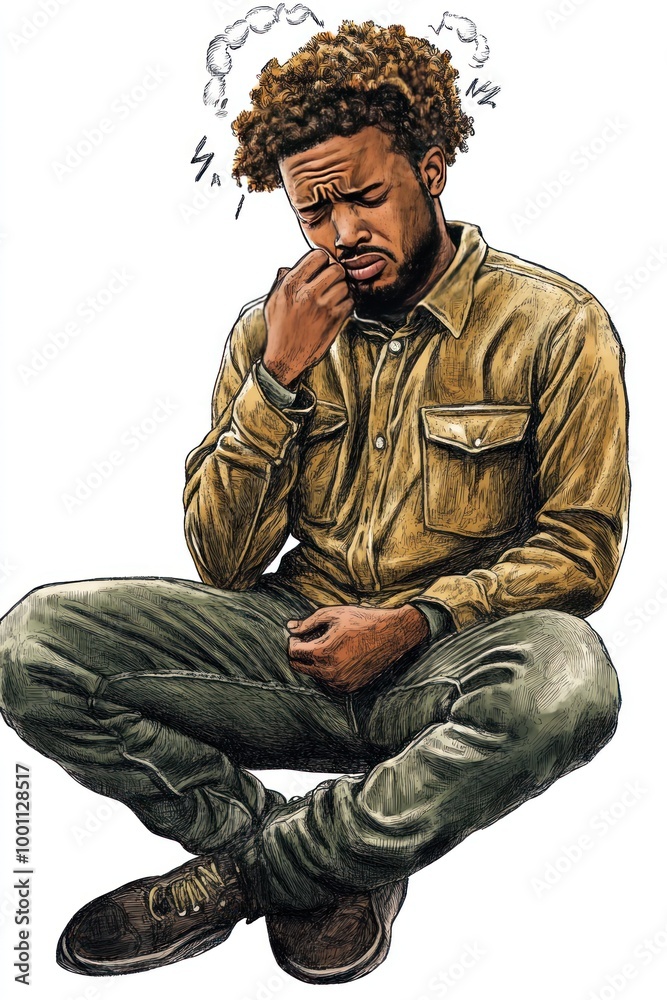 Obraz premium A contemplative figure sitting with a pensive expression, illustrating deep thought or concern.