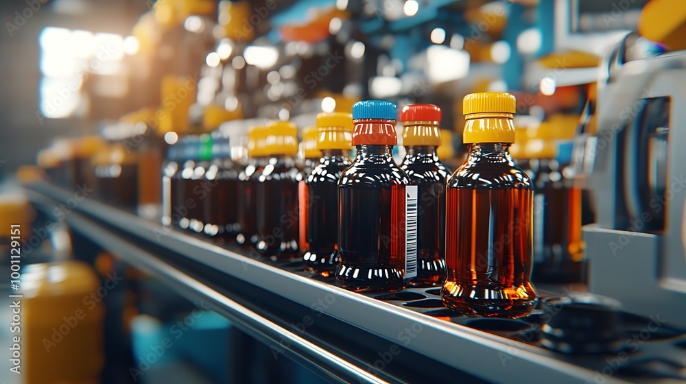 A conveyor belt moves bottles capped in bright colors, a factory bustling with life. A conveyor belt moves bottles capped in bright colors, a factory bustling with life.