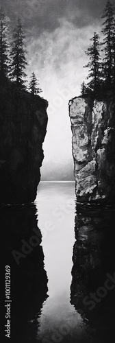 Serene Black-and-White Landscape with Tall Cliffs and Calm Water Reflection, Tranquil Nature Scene with Misty Horizon photo