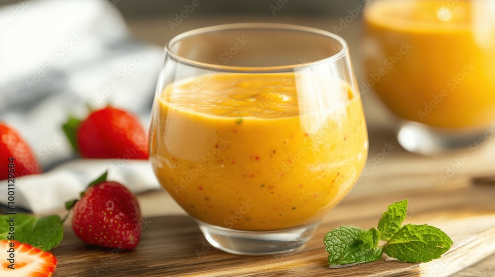 A delicious mango and strawberry smoothie sits in a glass, brightened by fresh mint leaves and surrounded by strawberries A delicious mango and strawberry smoothie sits in a glass, brightened by fresh mint leaves and surrounded by strawberries