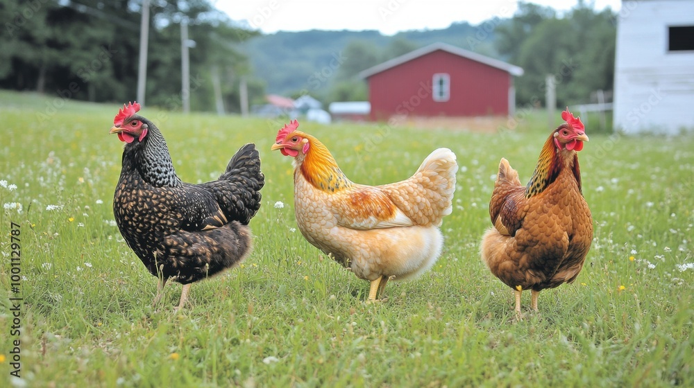 Fototapeta premium Chickens are freely exploring a lush green field, enjoying the warm sun and natural surroundings in the countryside