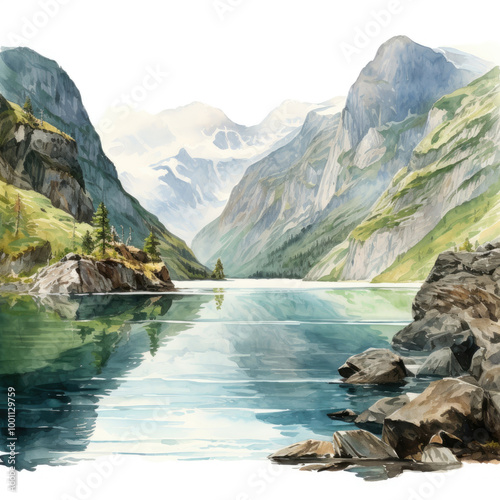 Watercolor painting of fjord with white background