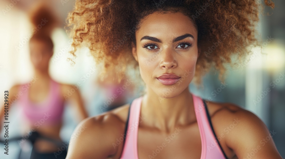 Women concentrate on their exercise routine, pedaling vigorously on stationary bikes in a bright gym setting Women concentrate on their exercise routine, pedaling vigorously on stationary bikes in a bright gym setting