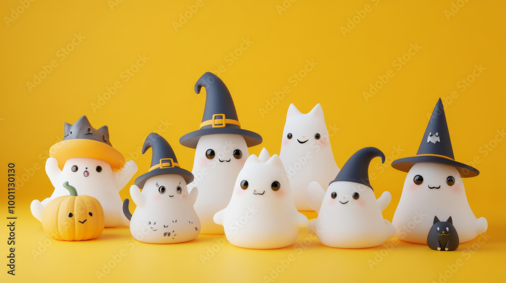 A group of adorable 3D Halloween ghosts are shown against a yellow background. Some are wearing witch hats, while others are plain. There are also cute cat ghosts with and without witch hats. A group of adorable 3D Halloween ghosts are shown against a yellow background. Some are wearing witch hats, while others are plain. There are also cute cat ghosts with and without witch hats.