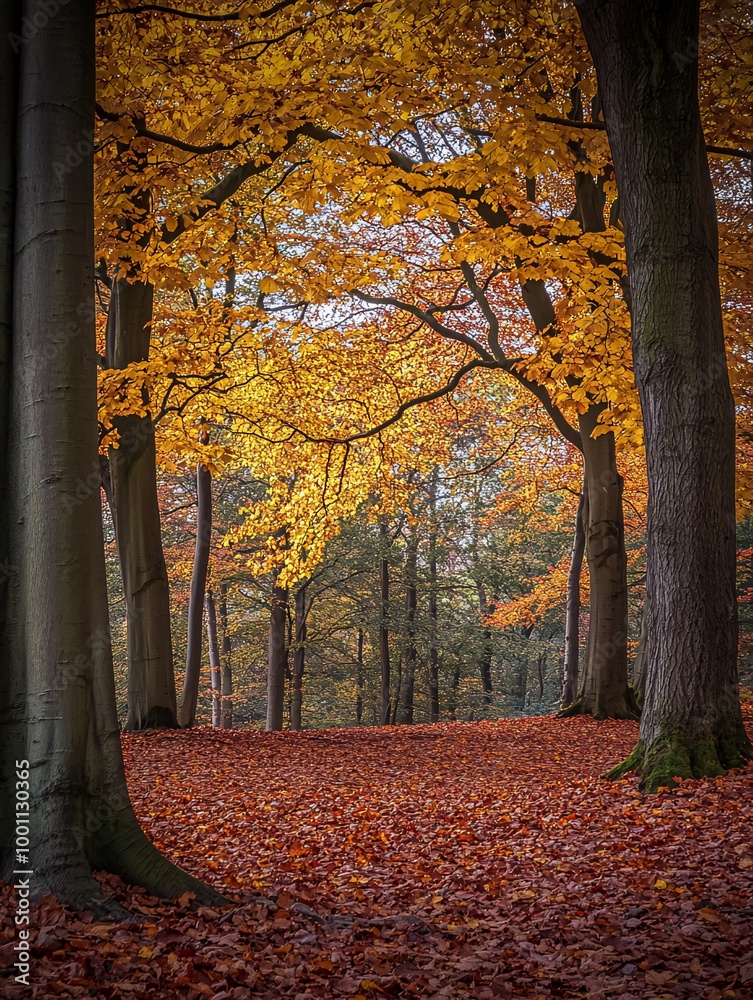 Fototapeta premium A view through a forest in autumn with golden leaves on the trees and fallen leaves on the ground.