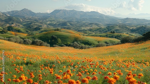 The vintage charm of rolling hills and meadows blanketed in vibrant blooms, capturing delicate petals and lush greenery in stunning detail.