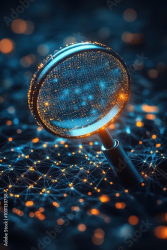 A futuristic magnifying glass hovers over a network of glowing data nodes, symbolizing data analysis and exploration, Ideal for technology, digital marketing, or data science-related projects,
