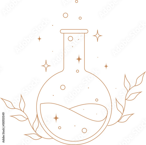 Vector mystic celestial set a with golden outline sand clock, eye, bottle and moon phases. Black occult shiny linear labels with a magical frame stylized as engraving. 