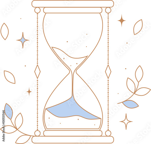 Vector mystic celestial set a with golden outline sand clock, eye, bottle and moon phases. Black occult shiny linear labels with a magical frame stylized as engraving. 