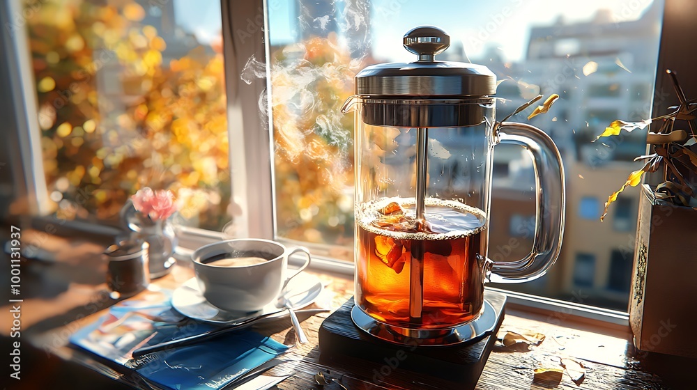 Hot tea steams in a French press, the windowsill framed by autumn foliage. Hot tea steams in a French press, the windowsill framed by autumn foliage.