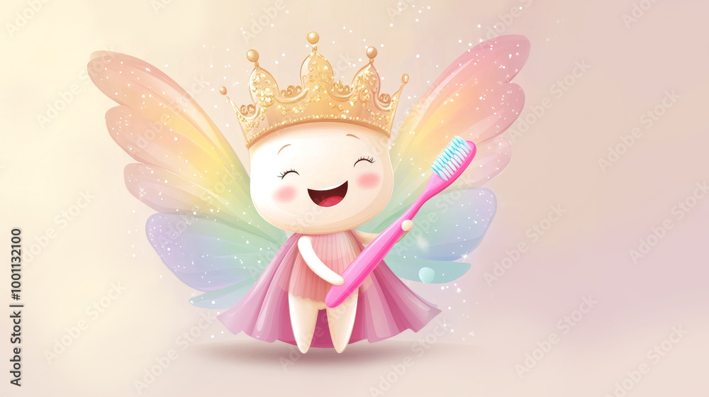 Adorable tooth fairy cartoon character with crown and toothbrush promoting kids dental care Adorable tooth fairy cartoon character with crown and toothbrush promoting kids dental care
