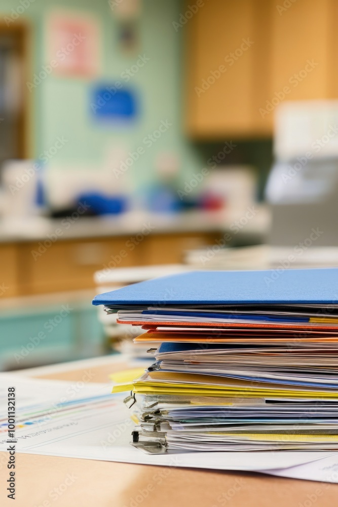 A stack of colorful files and papers on a desk in an office environment. A stack of colorful files and papers on a desk in an office environment.