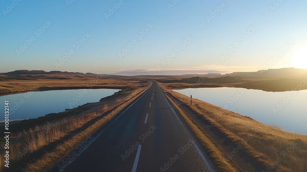 A scenic roadway in Iceland, stretching toward the horizon with precise road markings, flanked by serene lakes and a clear, expansive sky. A scenic roadway in Iceland, stretching toward the horizon with precise road markings, flanked by serene lakes and a clear, expansive sky.