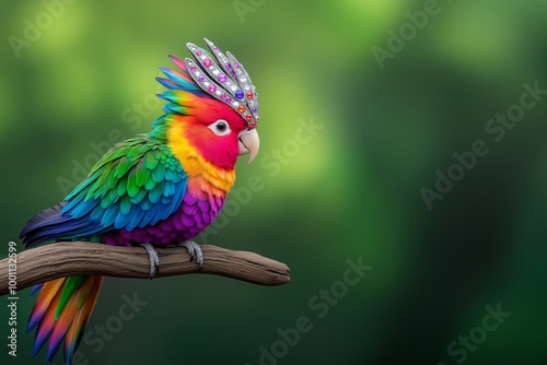 Colorful parrot is perched on a branch. The bird is wearing a tiara. The bird is on a green background. beautiful parrot with colorful feathers and a silvery beak, shaped like a hat, sits on a branch. photo