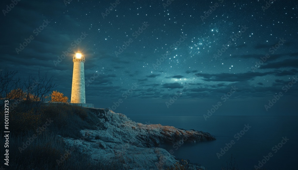 Lighthouse under the starry sky. Lighthouse beacon. Rocky coast with lighthouse. Celestial lighthouse. Lighthouse under the starry sky. Lighthouse beacon. Rocky coast with lighthouse. Celestial lighthouse.