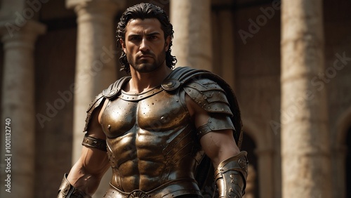 A heroic statue of Achilles, standing in full battle armor, his sword raised in triumph after defeating Hector, muscles rippling with power.