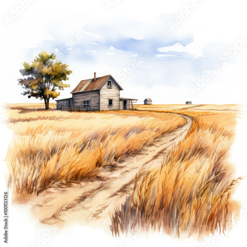 Watercolor painting of prairie with white background