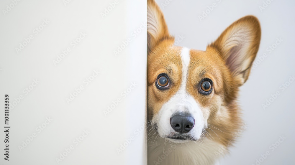 Curious Corgi peeking from behind a white wall, with a focus on its adorable expression and contrasting colors. Curious Corgi peeking from behind a white wall, with a focus on its adorable expression and contrasting colors.