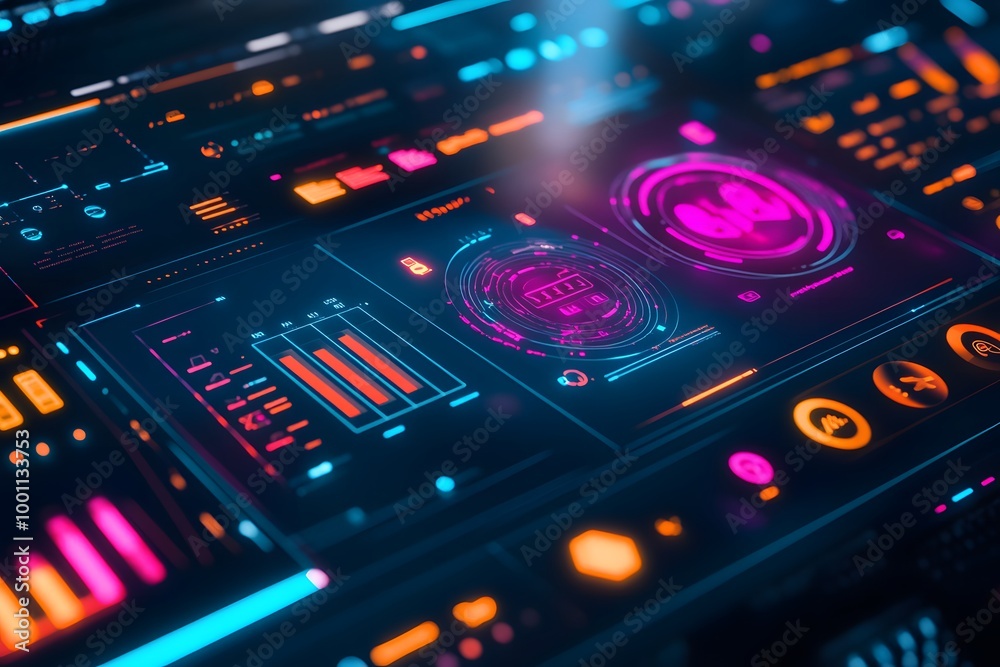 Neon social media dashboard interface on a futuristic screen Neon social media dashboard interface on a futuristic screen