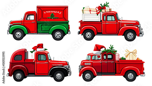 Set of Four Christmas truck png cut out image set on the White Background....