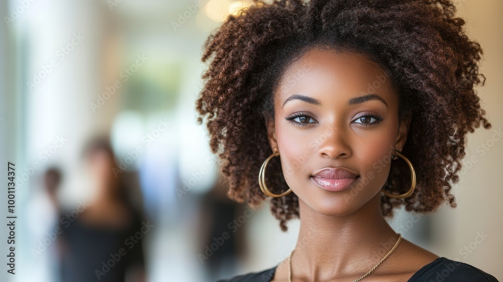 A young woman with curly hair and hoop earrings stands confidently in a modern and brightly lit setting, exuding elegance and poise A young woman with curly hair and hoop earrings stands confidently in a modern and brightly lit setting, exuding elegance and poise