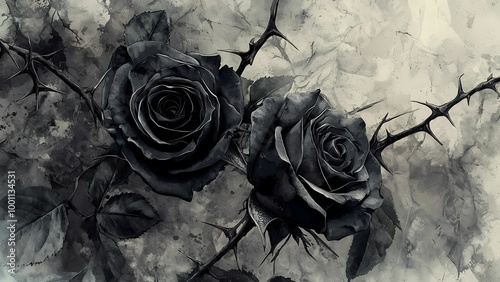 A striking monochrome depiction of two black roses intertwined with thorns, evoking themes of beauty and sorrow.