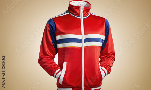 A red tracksuit jacket with white and blue stripes, perfect for a retro look photo
