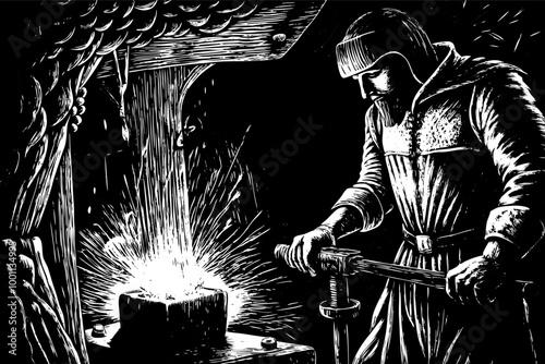 Medieval Blacksmith at Work Vintage Woodcut Illustration of Artisan Forging Metal in Workshop