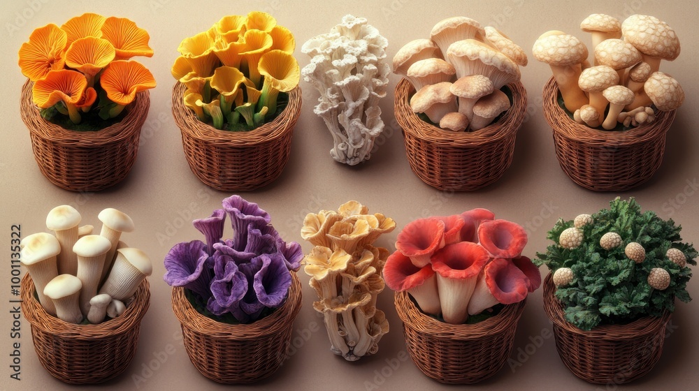 A selection of colorful mushrooms in baskets, displayed in a bright, juicy style with a clean background, highlighting their unique textures. A selection of colorful mushrooms in baskets, displayed in a bright, juicy style with a clean background, highlighting their unique textures.