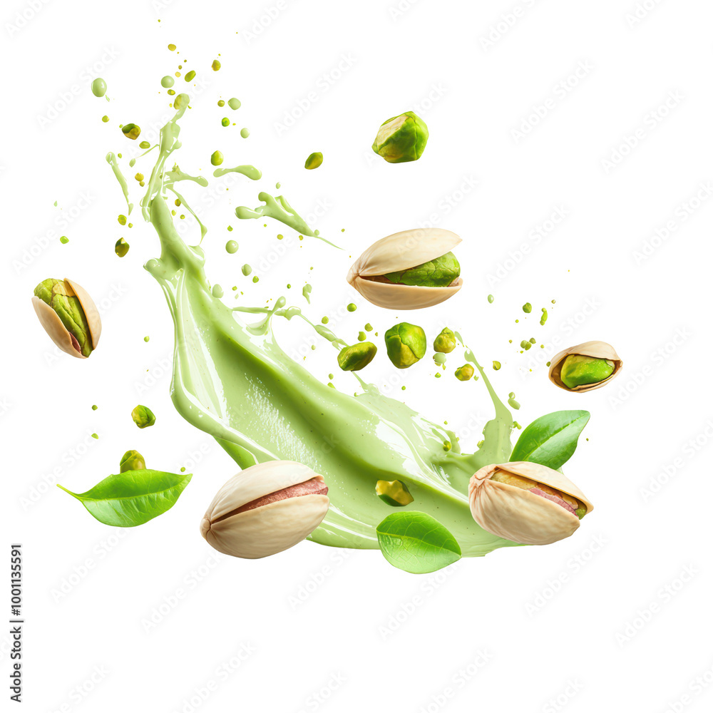 Splash of pistachio cream with nuts and leaves