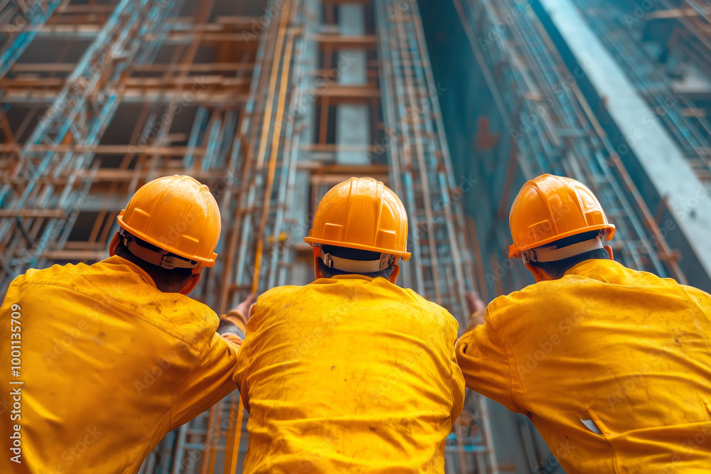 Workers in safety helmets observe construction progress at a building site during daylight hours Workers in safety helmets observe construction progress at a building site during daylight hours