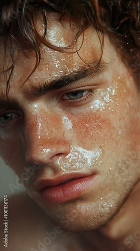 Close-up Portrait of a Man with Wet Skin and Hair