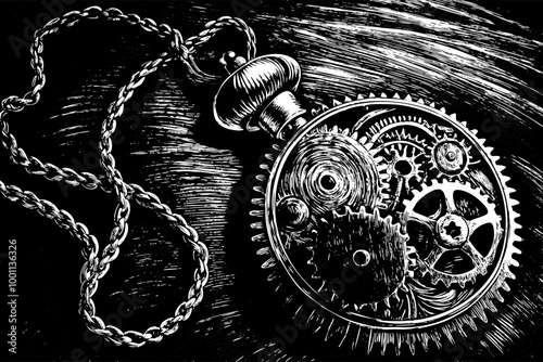 Vintage Steampunk Pocket Watch with Exposed Gears and Chain in Detailed Engraving Style