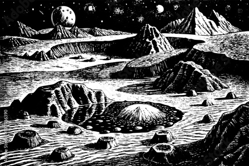 Vintage Sci Fi Lunar Landscape with Craters and Mountains Under a Starry Sky