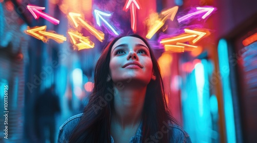 Young Woman in Dynamic Urban Scene with Direction Arrows